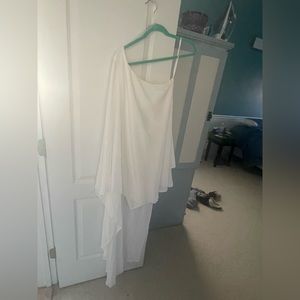 NWOT white one shoulder “cape” dress.